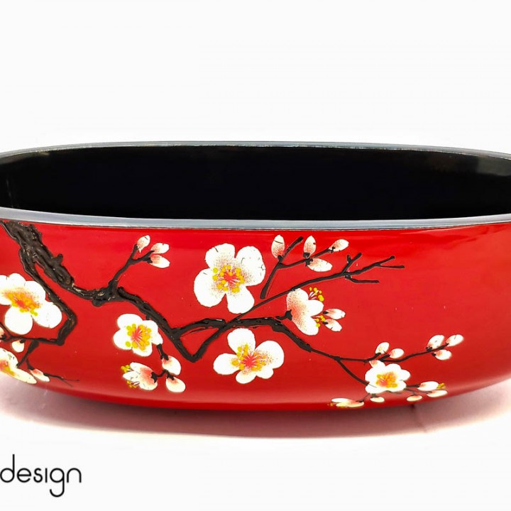 Oval bowl with peach blossom hand painting